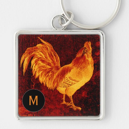 Vintage Fire Rooster Monogram Square Keychain
