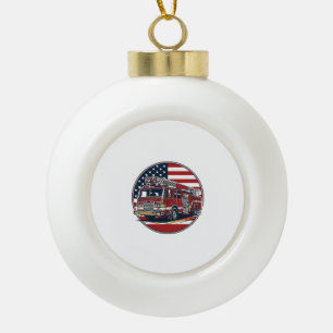 Vintage Fire Truck American Flag Circle Vector Shi Ceramic Ball Christmas Ornament