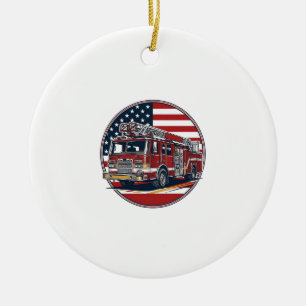 Vintage Fire Truck American Flag Circle Vector Shi Ceramic Ornament