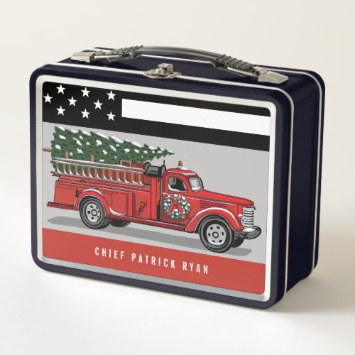 Vintage Fire Truck American Flag Thin Red Line Metal Lunch Box