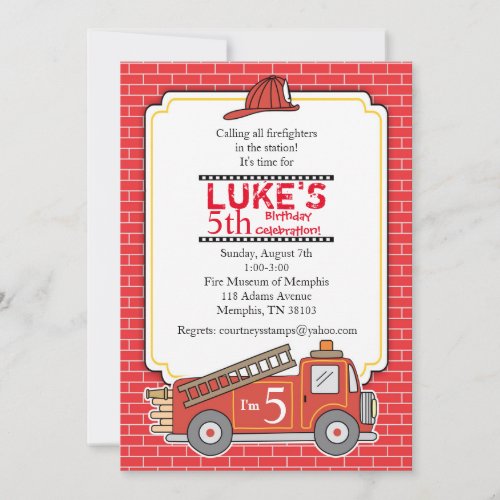 Vintage Fire Truck Birthday Party Invitation
