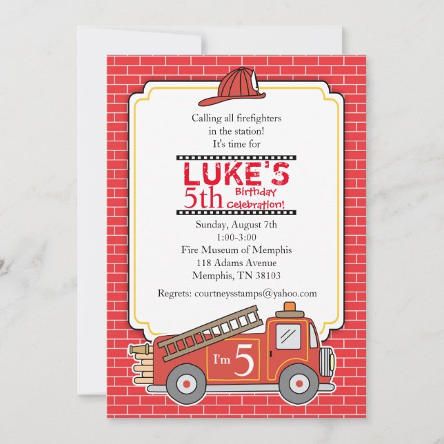 Vintage Fire Truck Birthday Party Invitation (Front)