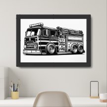 Vintage Fire Truck Black & White Illustration 