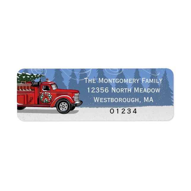 Vintage Fire Truck Christmas Tree Blue Address Label (Front)