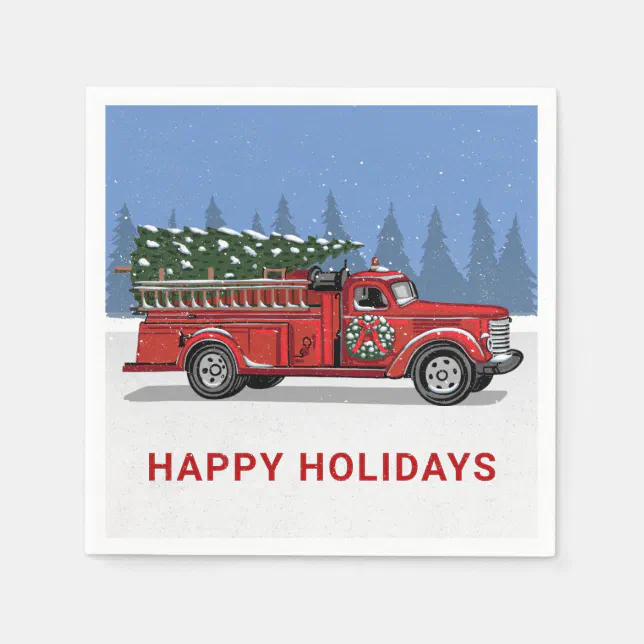Vintage Fire Truck Christmas Tree Happy Holidays Napkins | Zazzle