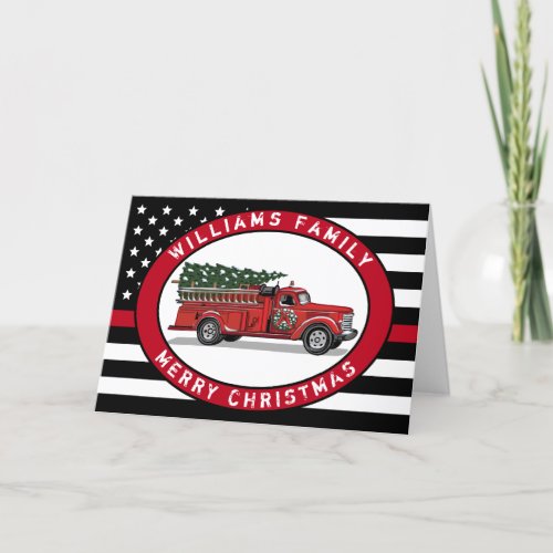 Vintage Fire Truck Merry Christmas Red Line Holiday Card