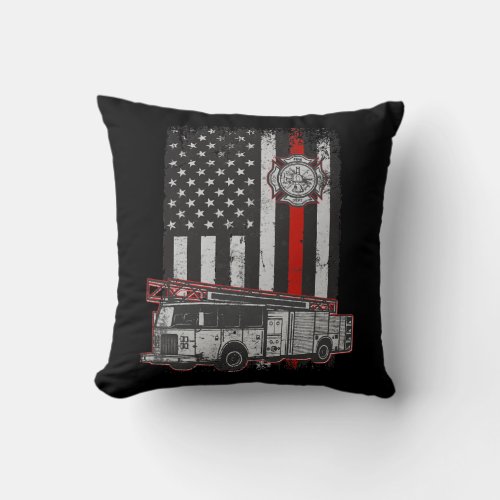 Vintage Fire Truck Thin Red Line American Flag Throw Pillow