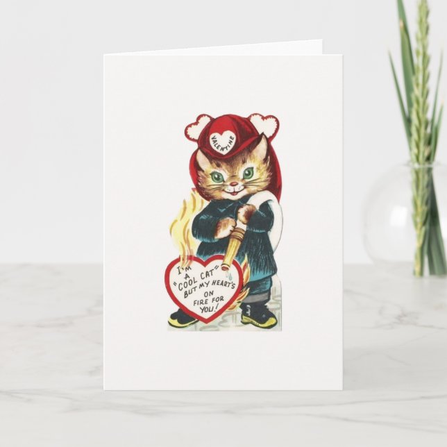 Vintage Firefighter Cat Valentine Holiday Card (Front)