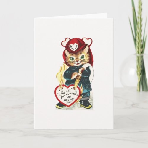 Vintage Firefighter Cat Valentine Holiday Card