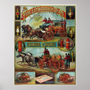 Vintage Firefighter Fire Extinguisher Advertising Poster