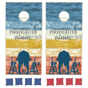 Vintage Firefighter Helmet Ladders Colorful Wood G Cornhole Set