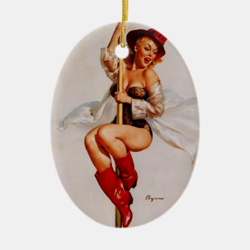 Vintage Firefighter Pin Up Girl Ceramic Ornament