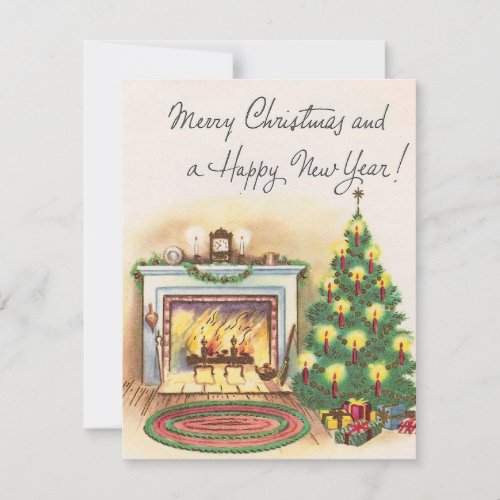 Vintage Fireplace Christmas and New Years Holiday Card