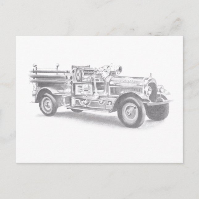 vintage firetruck pencil sketch fireman drawing  announcement postcard (Front)
