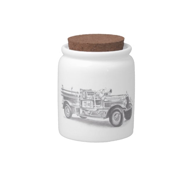vintage firetruck pencil sketch fireman drawing  candy jar (Front)