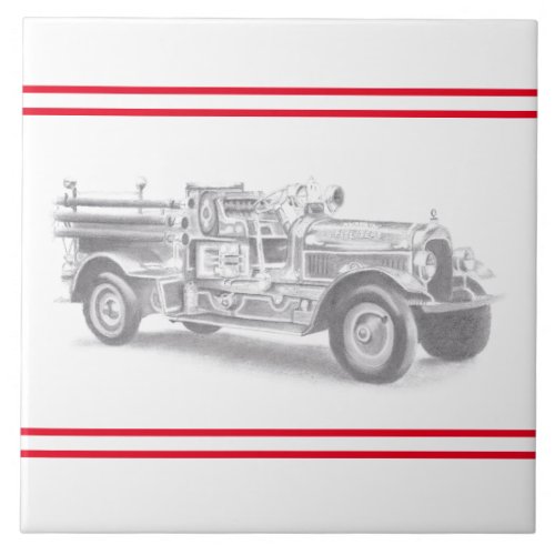 vintage firetruck pencil sketch fireman drawing  ceramic tile