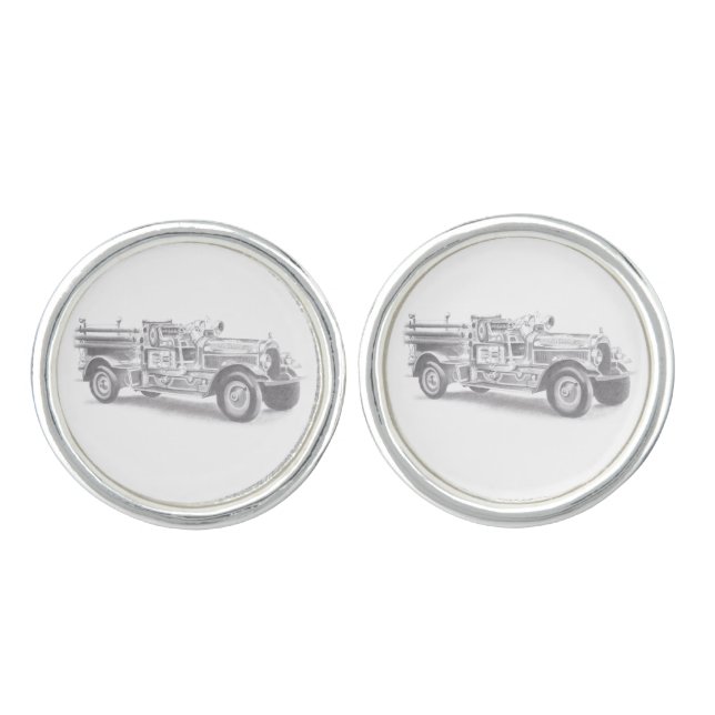 vintage firetruck pencil sketch fireman drawing  cufflinks (Front)