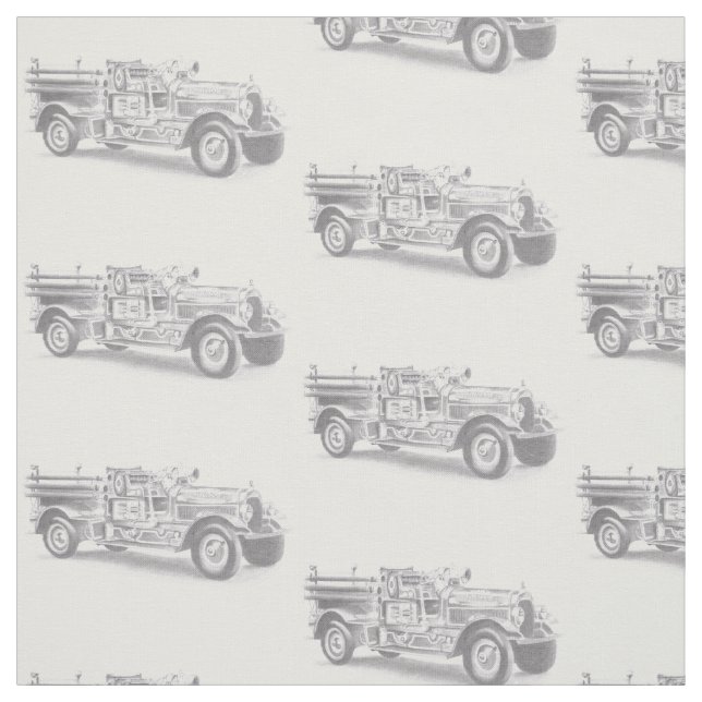 vintage firetruck pencil sketch fireman drawing   fabric (Swatch)
