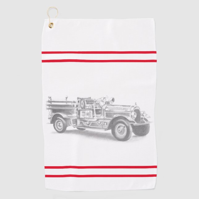 vintage firetruck pencil sketch fireman drawing golf towel (Front)