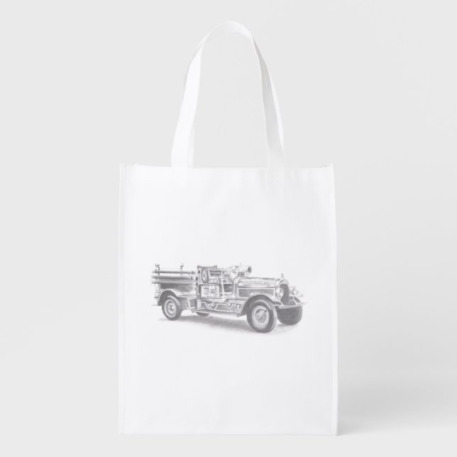 vintage firetruck pencil sketch fireman drawing  grocery bag (Front)