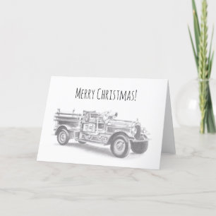 vintage firetruck pencil sketch fireman drawing holiday card