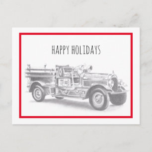 vintage firetruck pencil sketch fireman drawing holiday postcard