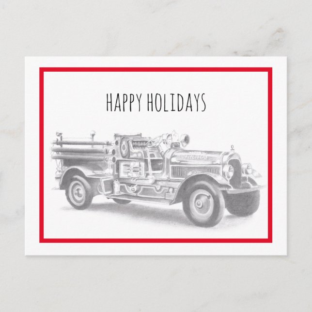 vintage firetruck pencil sketch fireman drawing   holiday postcard (Front)