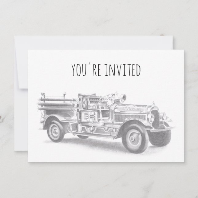 vintage firetruck pencil sketch fireman drawing  invitation (Front)