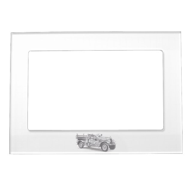 vintage firetruck pencil sketch fireman drawing  magnetic frame (Front)