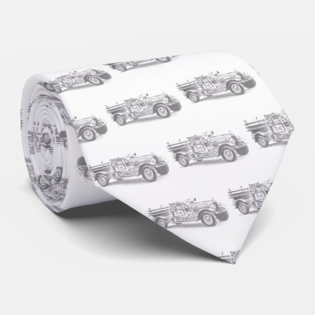 vintage firetruck pencil sketch fireman drawing  neck tie (Rolled)