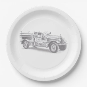 vintage firetruck pencil sketch fireman drawing paper plates