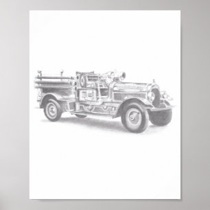 vintage firetruck pencil sketch fireman drawing poster