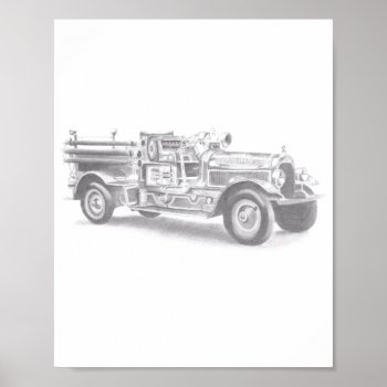 Vintage Firetruck Pencil Sketch Fireman Drawing  Poster by CharmedPix at Zazzle