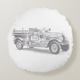 vintage firetruck pencil sketch fireman drawing round pillow