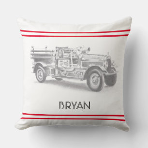 vintage firetruck pencil sketch fireman drawing t throw pillow