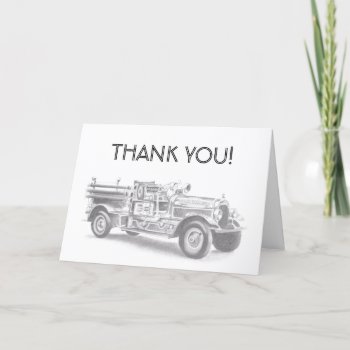 Vintage Firetruck Pencil Sketch Fireman Drawing  Thank You Card by CharmedPix at Zazzle