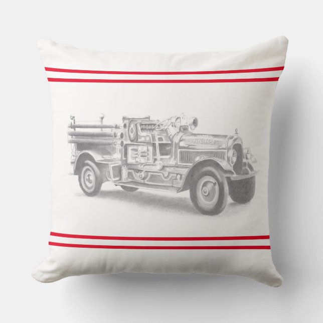 vintage firetruck pencil sketch fireman drawing  throw pillow (Front)