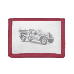 vintage firetruck pencil sketch fireman drawing  trifold wallet