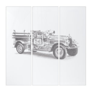 vintage firetruck pencil sketch fireman drawing triptych