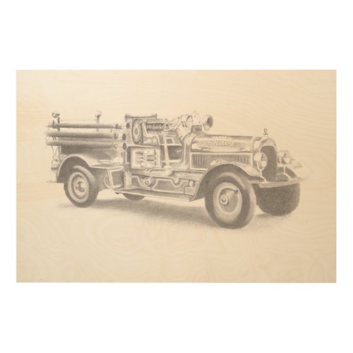 vintage firetruck pencil sketch fireman drawing wood wall art