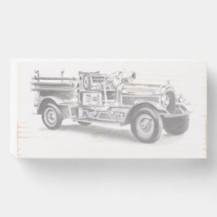 vintage firetruck pencil sketch fireman drawing wooden box sign
