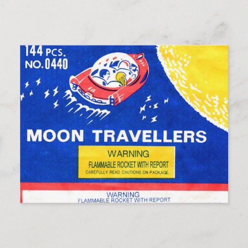 Vintage Firework Rocket Moon Traveler Label Postcard