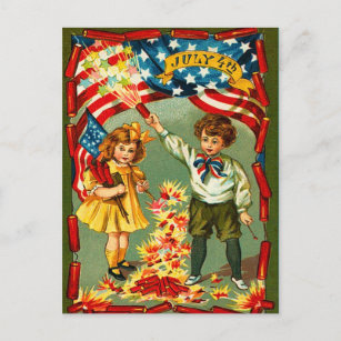 Vintage Fireworks and Kids Postcard