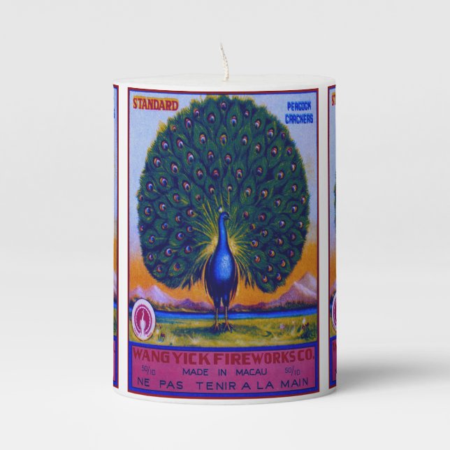 Vintage Fireworks Peacock Pillar Candle (Front)
