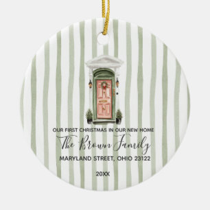 Vintage First Christmas In New Home Green Stripes Ceramic Ornament