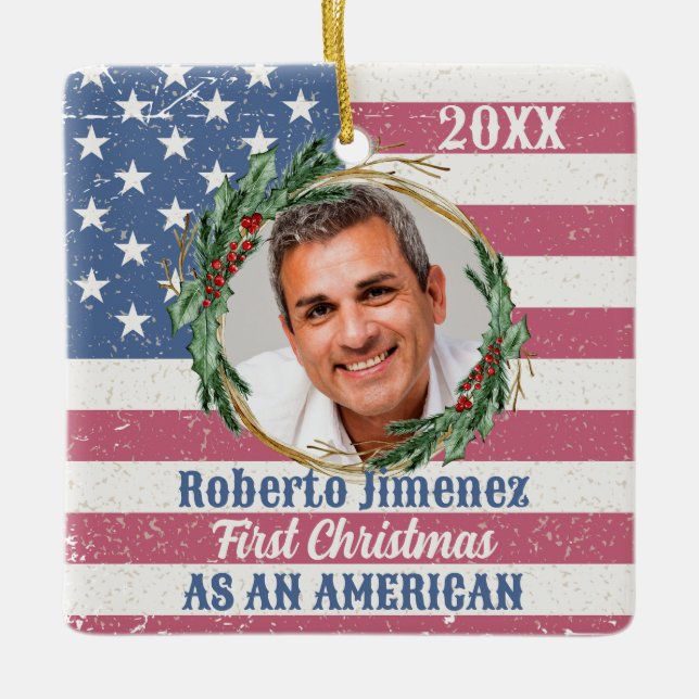 Vintage First Christmas US Citizen American Flag Ceramic Ornament (Front)