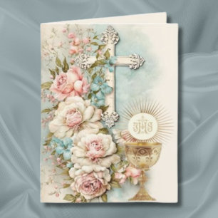 Vintage First Communion Floral Chalice Cross Letterpress Thank You Card