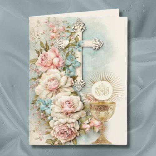 Vintage First Communion Floral Chalice Cross