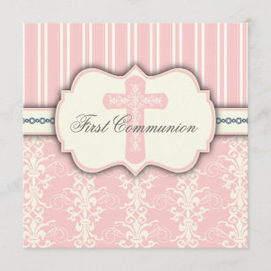 Vintage First Communion Pink Damask Invitation