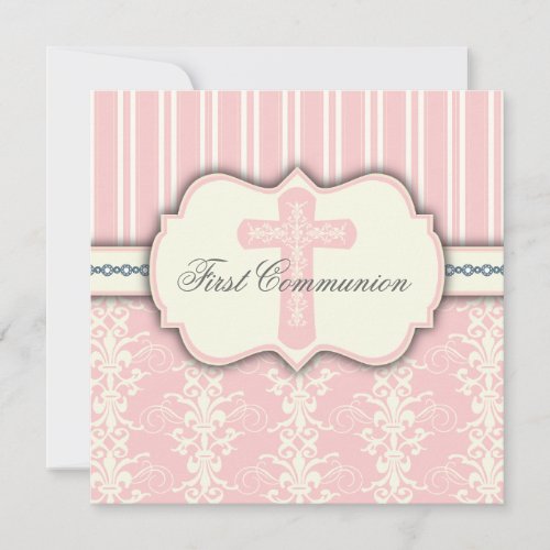 Vintage First Communion Pink Damask Invitation